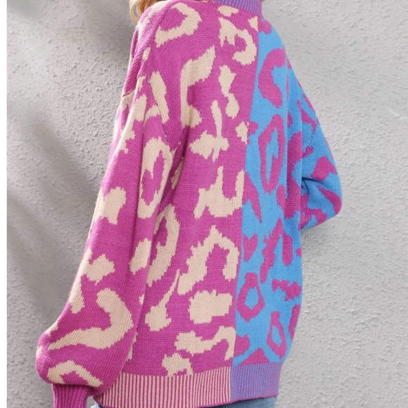 New In Leopard Color Block Patchwork Women's Knit Cardigan Sweater Button Down - Picture 4 of 5